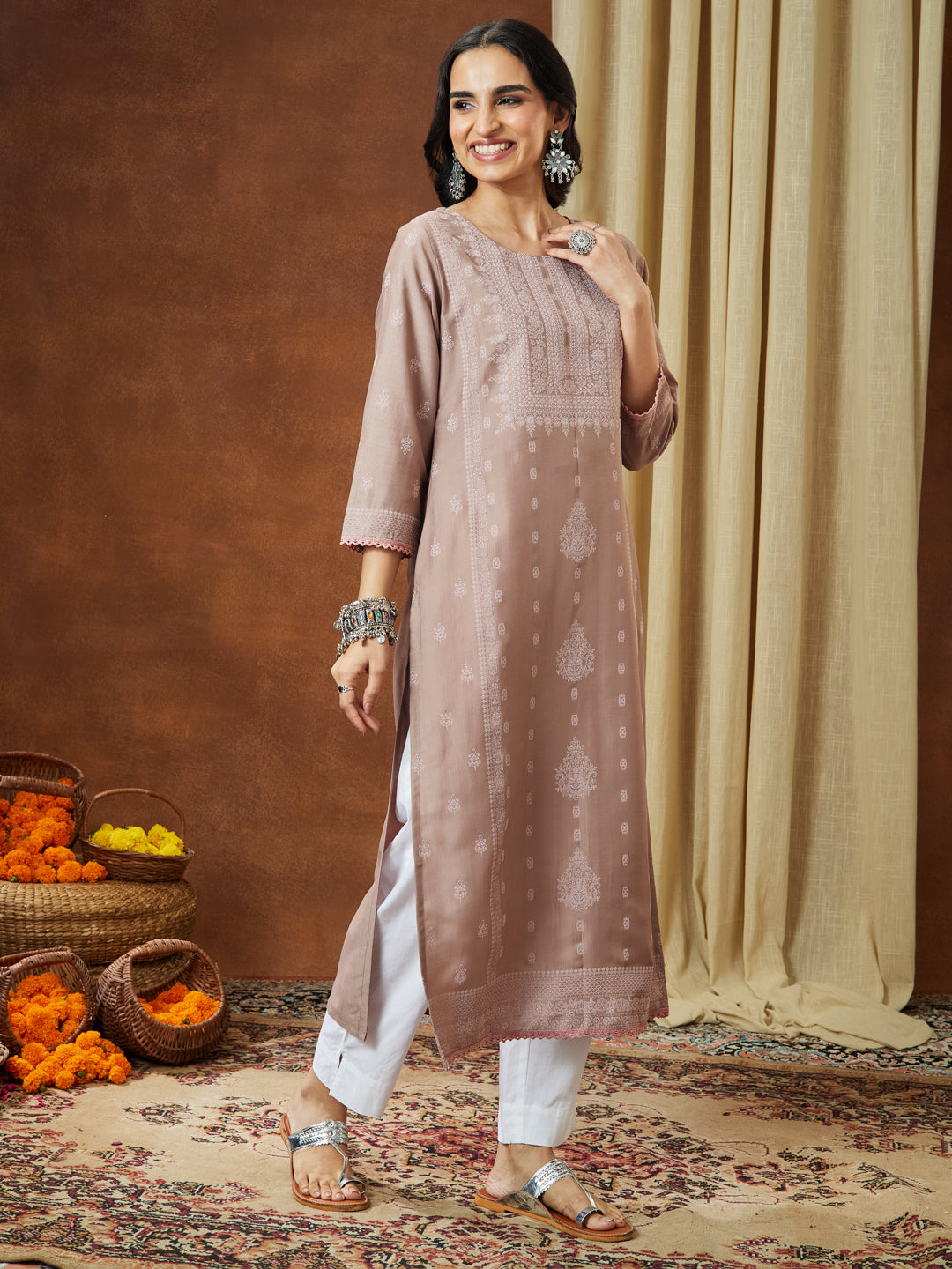 Janasya Women's Brown Silk Blend Ethnic Printed Straight Kurta Set