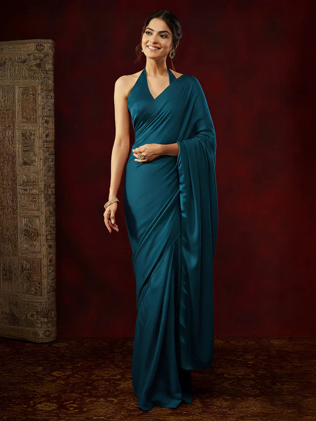 Janasya Women's Turquoise Satin One-Minute Ready-to-Wear Solid Saree with Unstitched Blouse