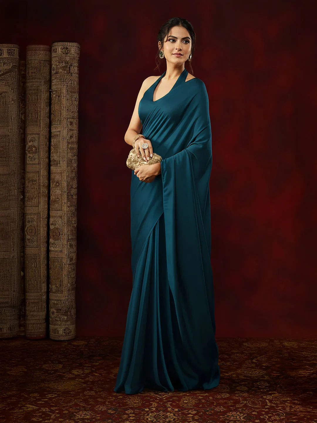 Janasya Women's Turquoise Satin One-Minute Ready-to-Wear Solid Saree with Unstitched Blouse