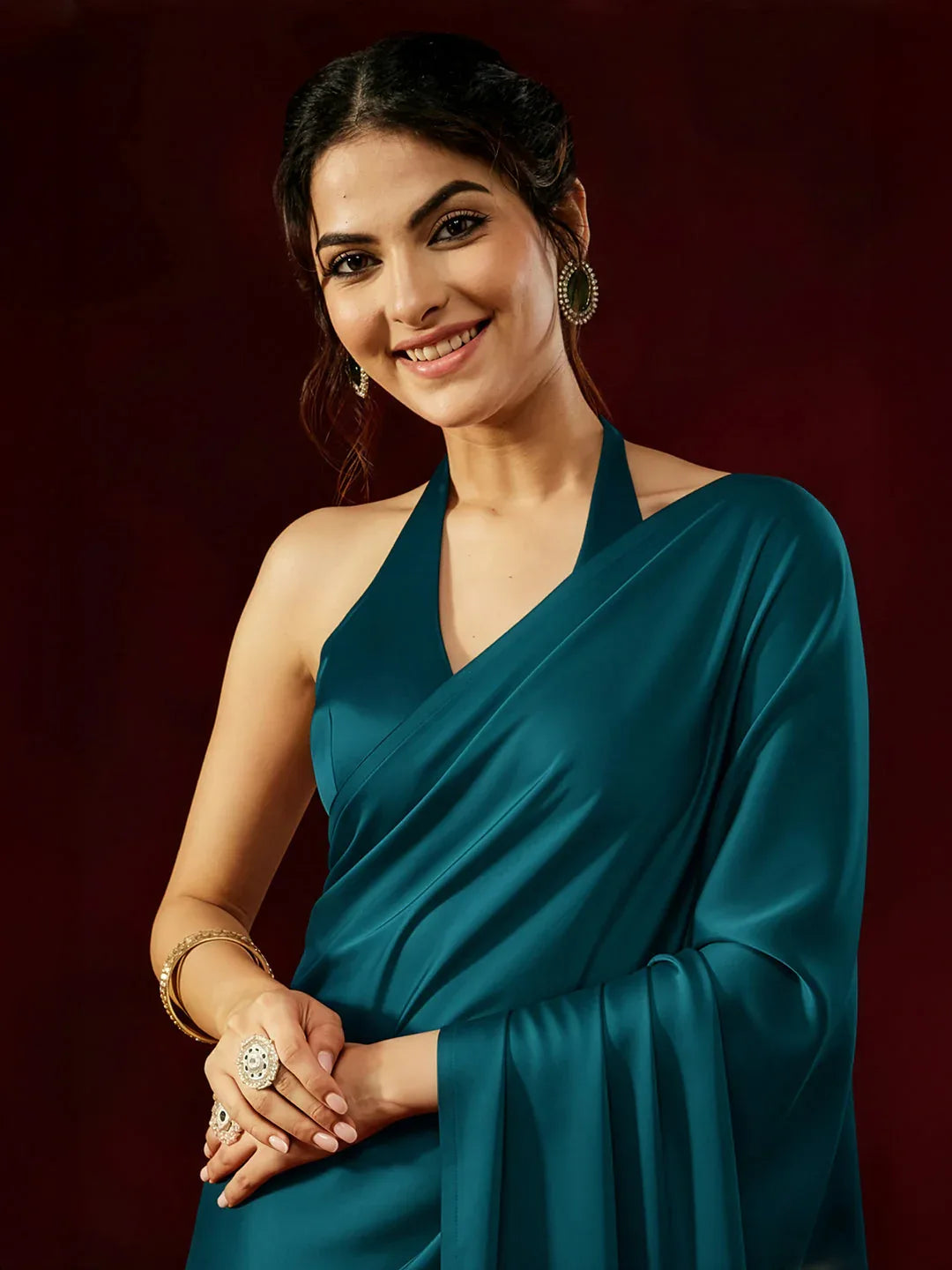 Janasya Women's Turquoise Satin One-Minute Ready-to-Wear Solid Saree with Unstitched Blouse