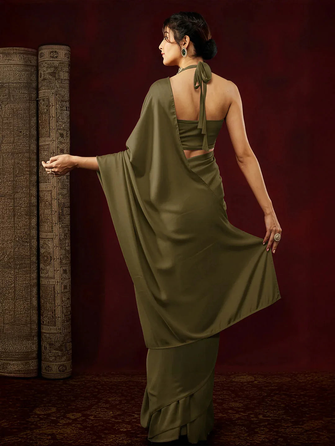 Janasya Women's Olive Satin One-Minute Ready-to-Wear Saree with Unstitched Blouse