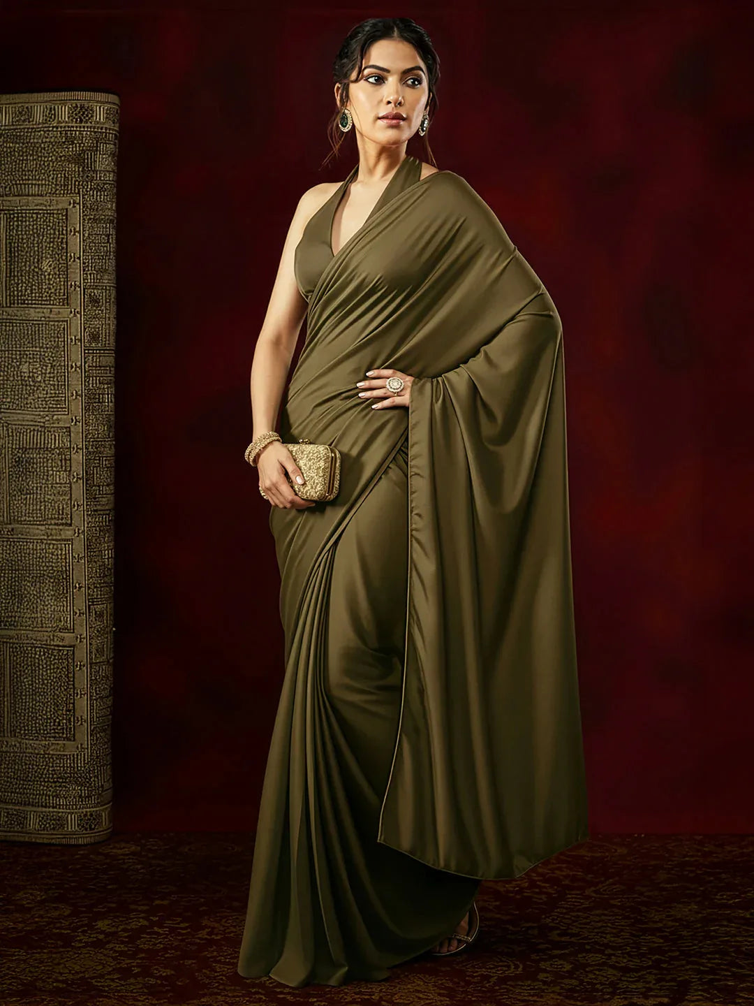 Janasya Women's Olive Satin One-Minute Ready-to-Wear Saree with Unstitched Blouse