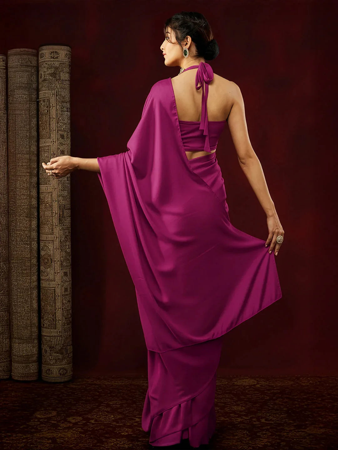 Janasya Women's Turquoise Satin One-Minute Ready-to-Wear Solid Saree with Unstitched Blouse