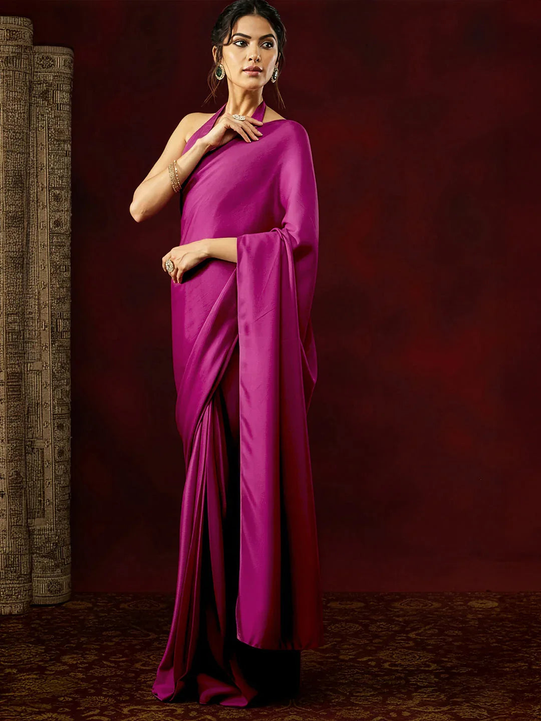 Janasya Women's Turquoise Satin One-Minute Ready-to-Wear Solid Saree with Unstitched Blouse