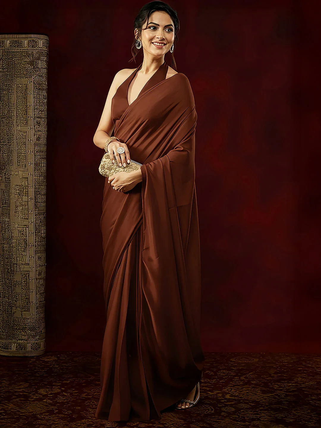 Janasya Women's Rust Satin One-Minute Ready-to-Wear Saree with Unstitched Blouse