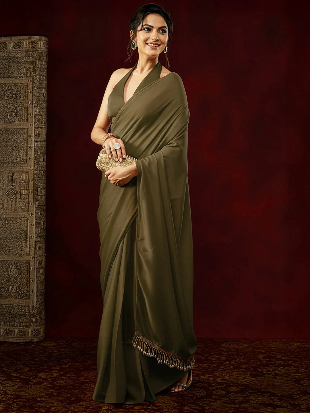 Janasya Women's Olive Satin One-Minute Ready-to-Wear Embellished Saree with Unstitched Blouse