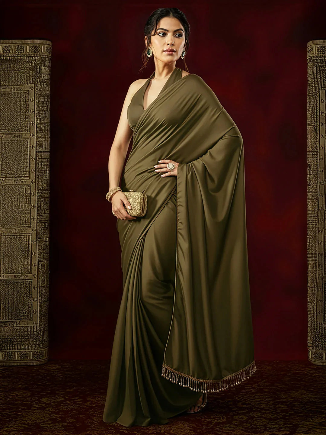 Janasya Women's Olive Satin One-Minute Ready-to-Wear Embellished Saree with Unstitched Blouse