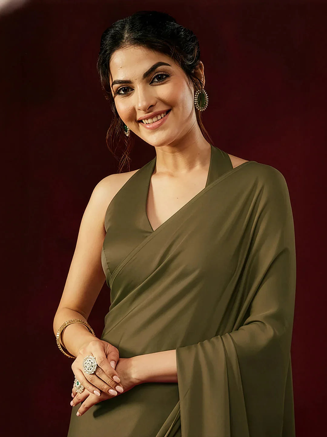 Janasya Women's Olive Satin One-Minute Ready-to-Wear Embellished Saree with Unstitched Blouse