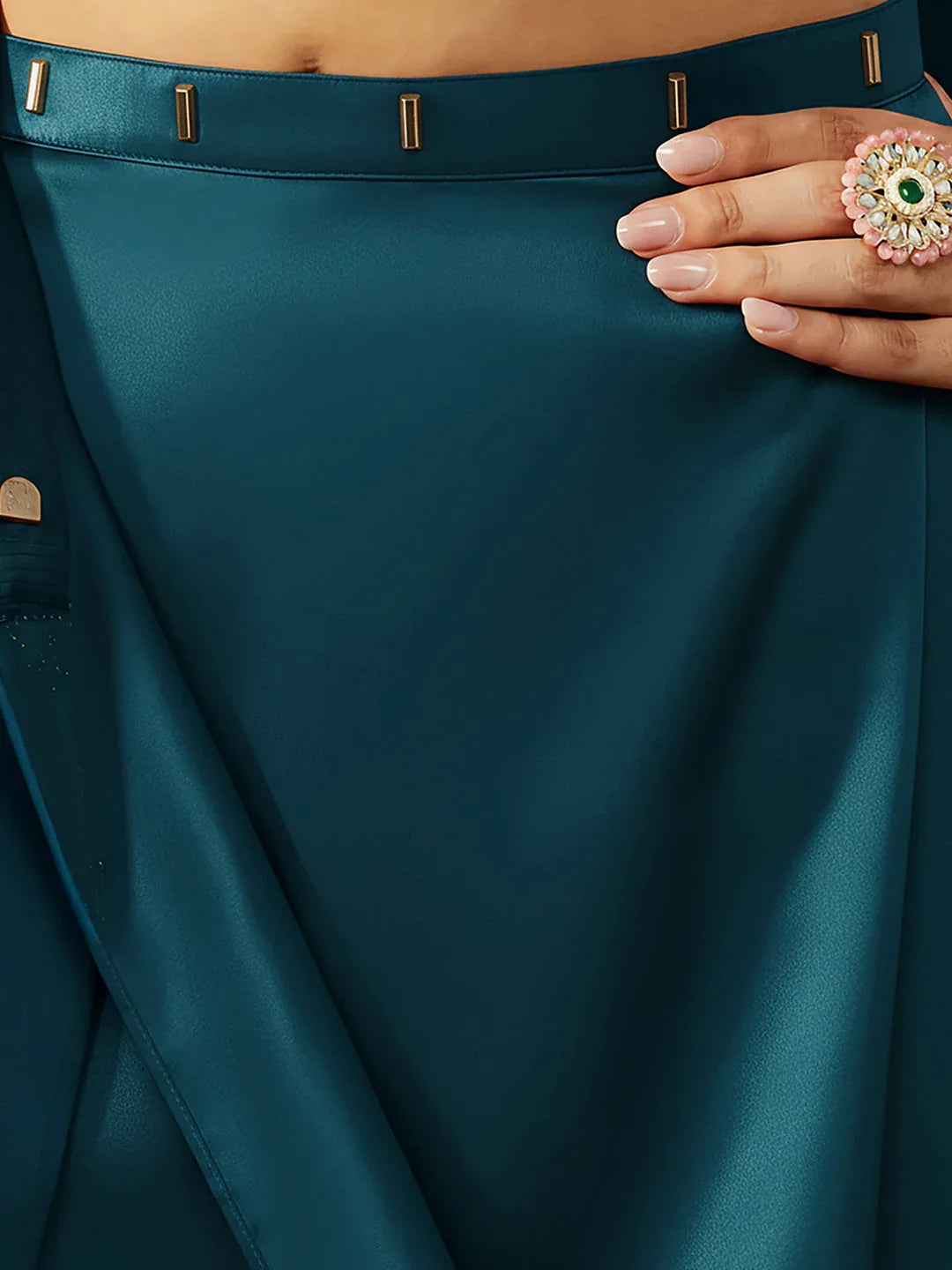 Janasya Women's Turquoise Satin One-Minute Ready-to-Wear Embellished Saree with Unstitched Blouse