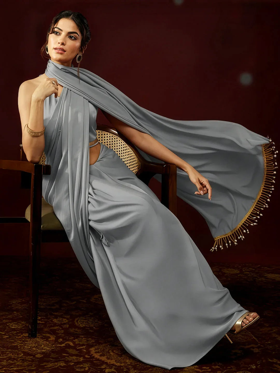 Janasya Women's Grey Satin One-Minute Ready-to-Wear Embellished Saree with Unstitched Blouse
