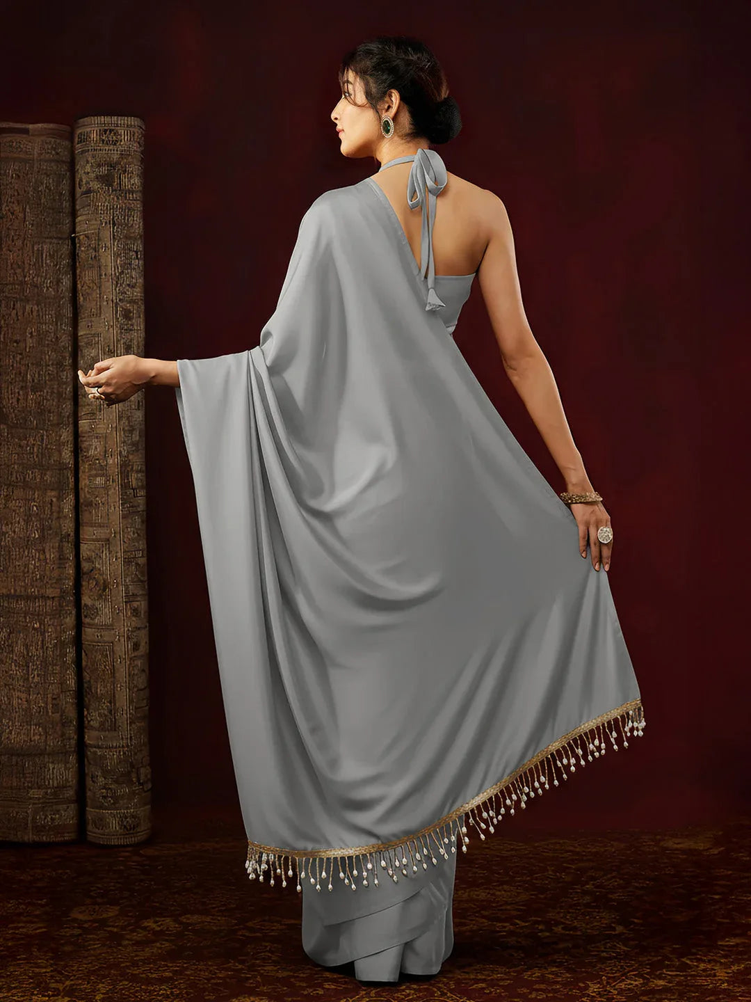 Janasya Women's Grey Satin One-Minute Ready-to-Wear Embellished Saree with Unstitched Blouse