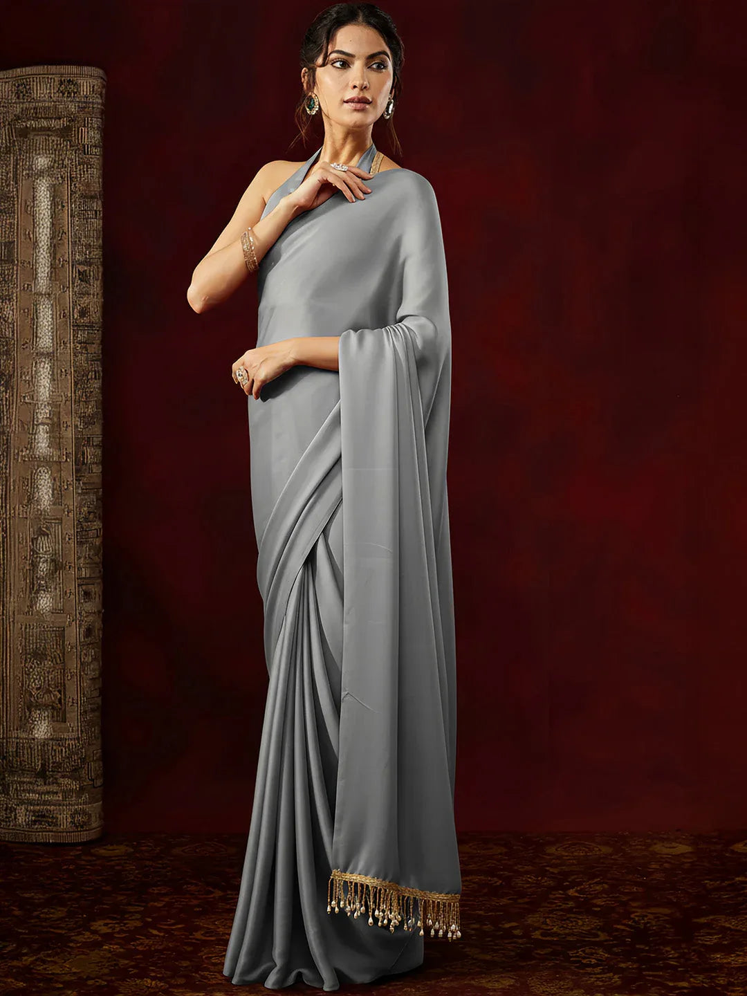 Janasya Women's Grey Satin One-Minute Ready-to-Wear Embellished Saree with Unstitched Blouse