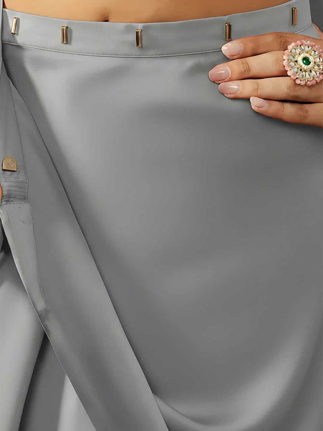 Janasya Women's Grey Satin One-Minute Ready-to-Wear Embellished Saree with Unstitched Blouse