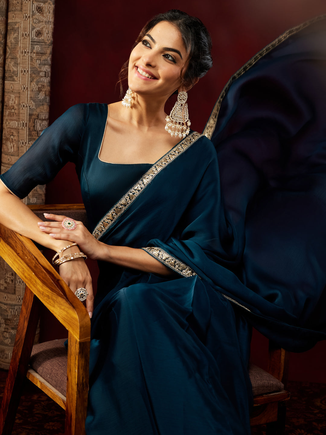 Janasya Women's Teal Blue Silk Blend Ready To Wear Embellished Saree with Unstitched Blouse