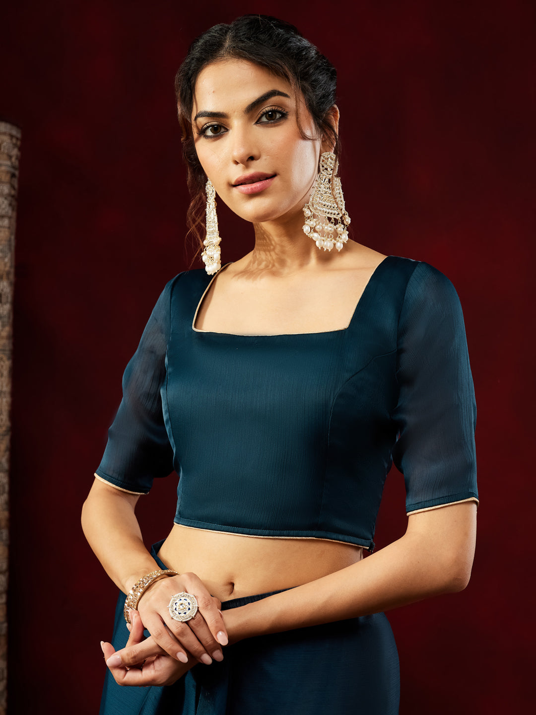 Janasya Women's Peach Tissue Silk One-Minute Ready-to-Wear Embellished Saree with Unstitched Blouse