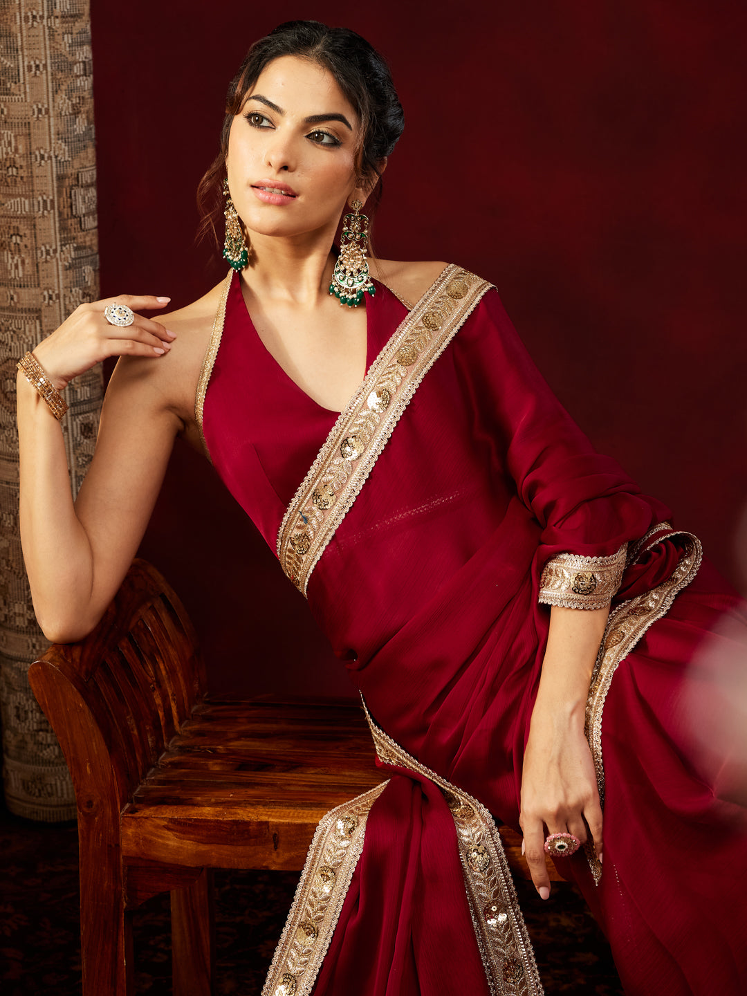 Janasya Women's Maroon Silk Blend One-Minute Ready-to-Wear Embellished Saree with Unstitched Blouse