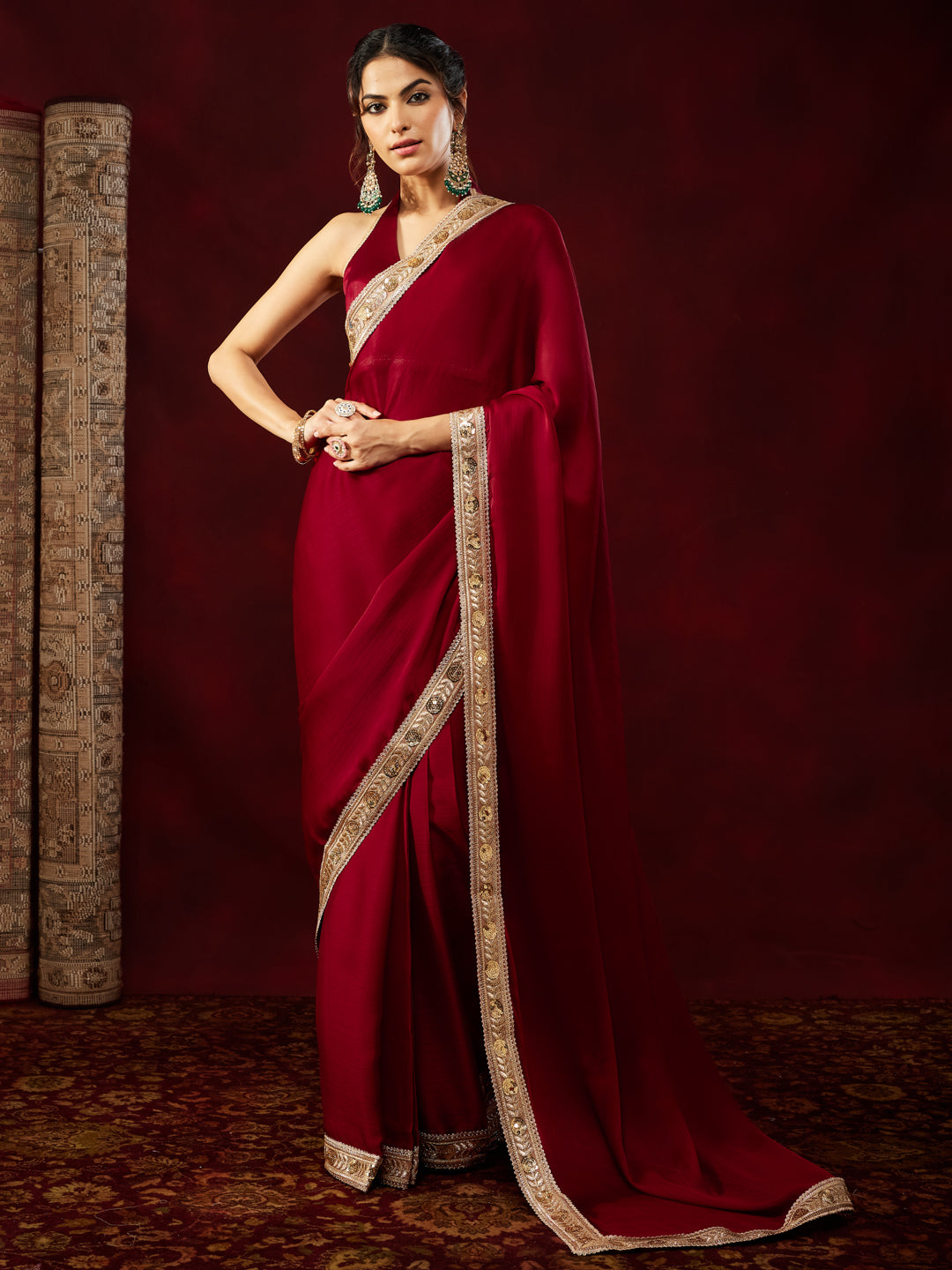 Janasya Women's Maroon Silk Blend One-Minute Ready-to-Wear Embellished Saree with Unstitched Blouse