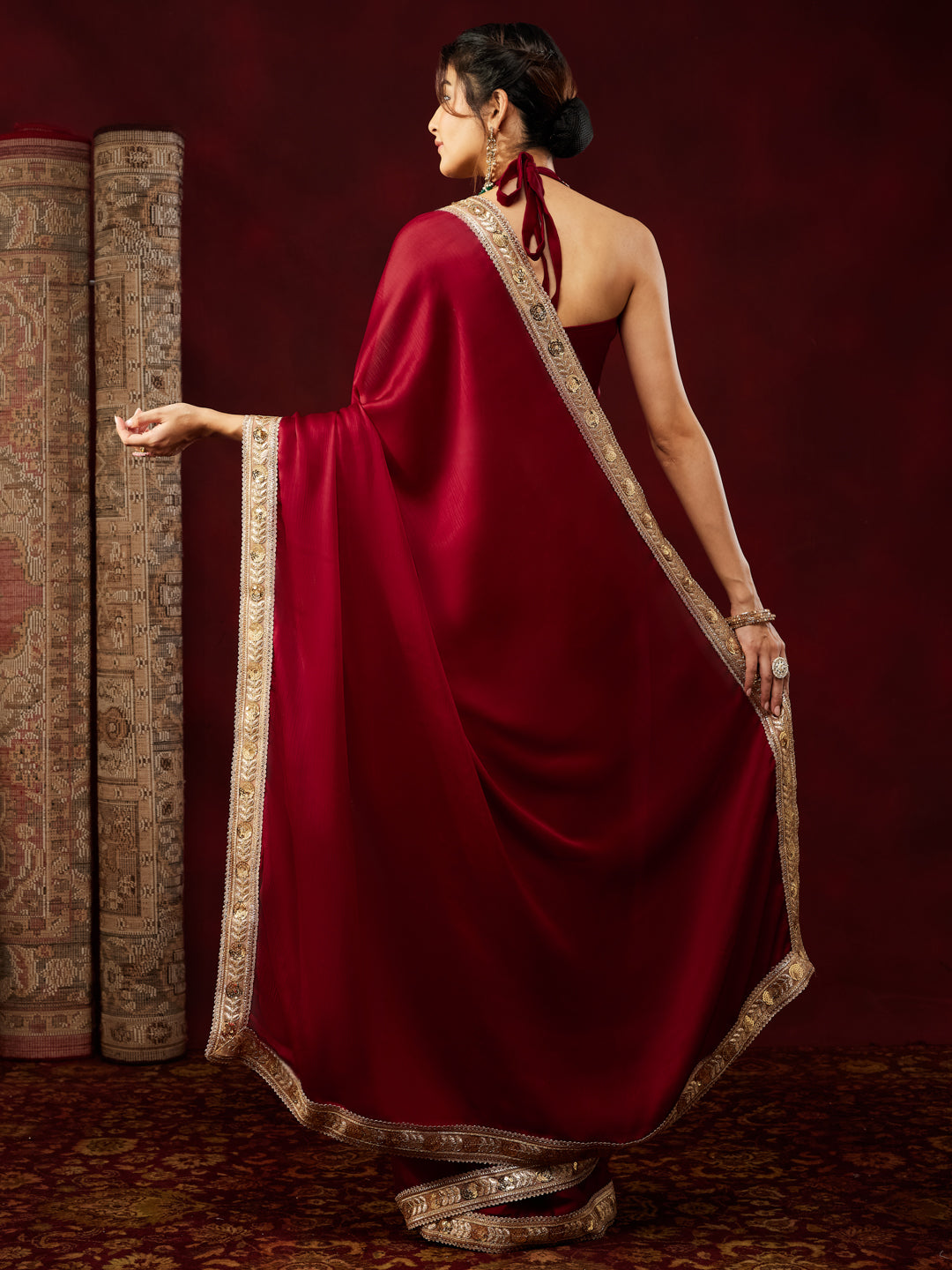 Janasya Women's Maroon Silk Blend One-Minute Ready-to-Wear Embellished Saree with Unstitched Blouse