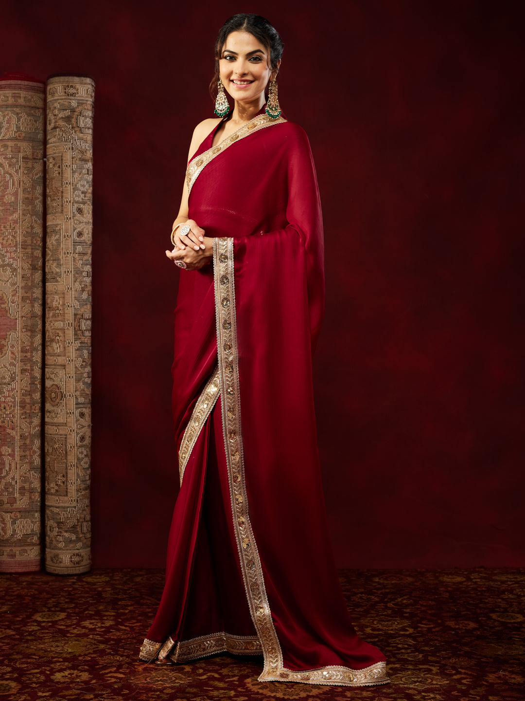 Janasya Women's Maroon Silk Blend One-Minute Ready-to-Wear Embellished Saree with Unstitched Blouse