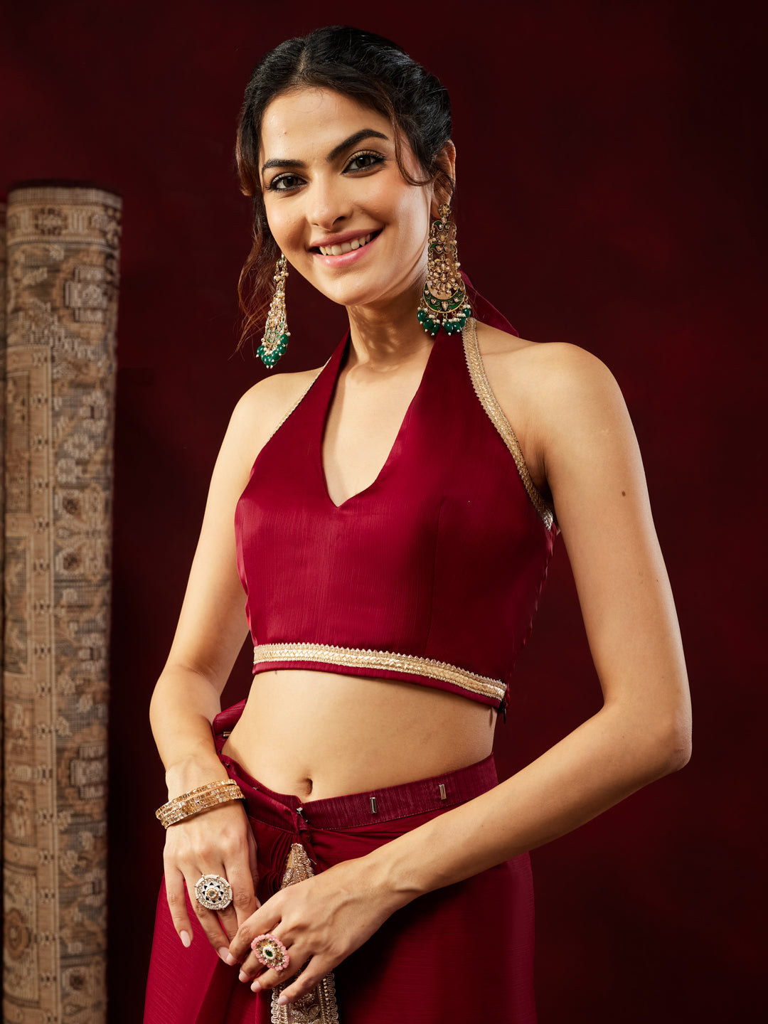 Janasya Women's Maroon Silk Blend One-Minute Ready-to-Wear Embellished Saree with Unstitched Blouse