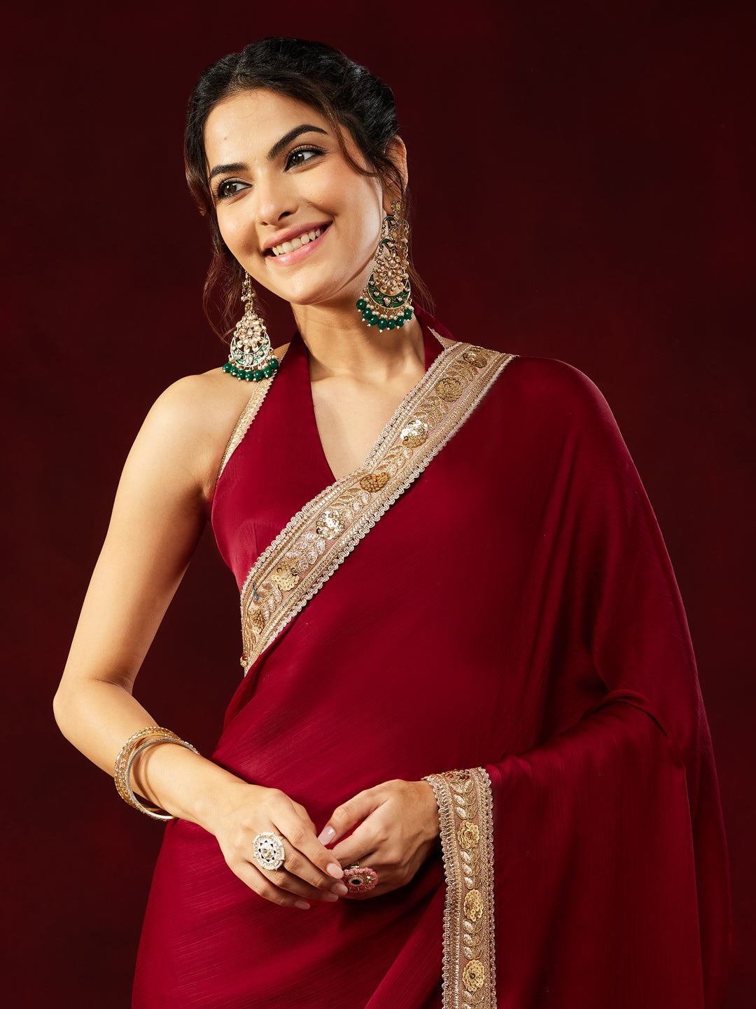 Janasya Women's Maroon Silk Blend One-Minute Ready-to-Wear Embellished Saree with Unstitched Blouse