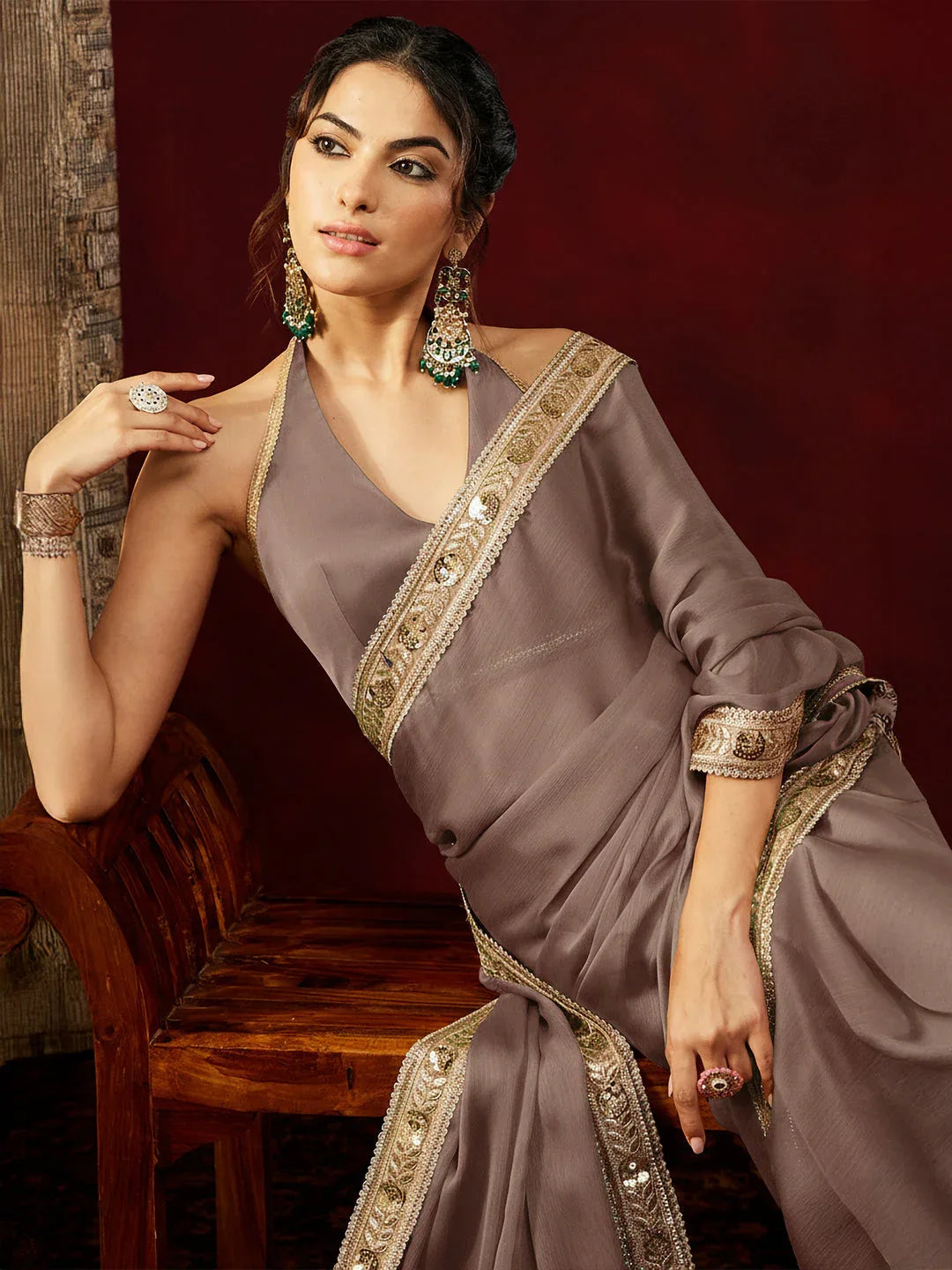 Janasya Women's Light Brown Silk Blend One-Minute Ready-to-Wear Embellished Saree with Unstitched Blouse