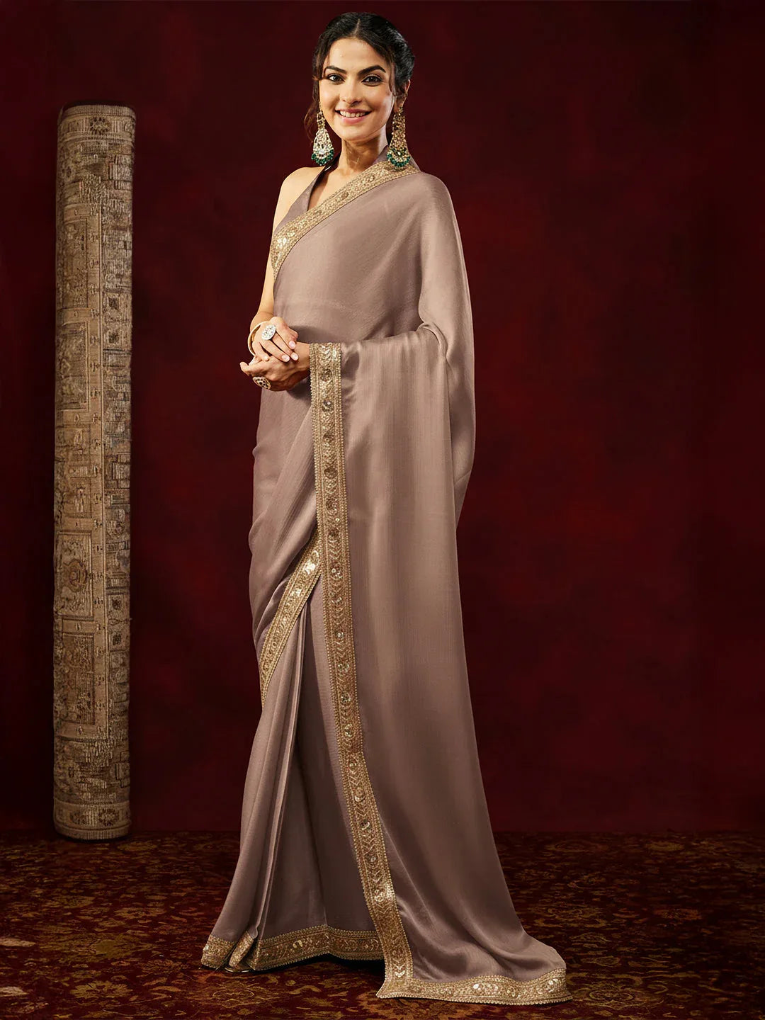 Janasya Women's Light Brown Silk Blend One-Minute Ready-to-Wear Embellished Saree with Unstitched Blouse