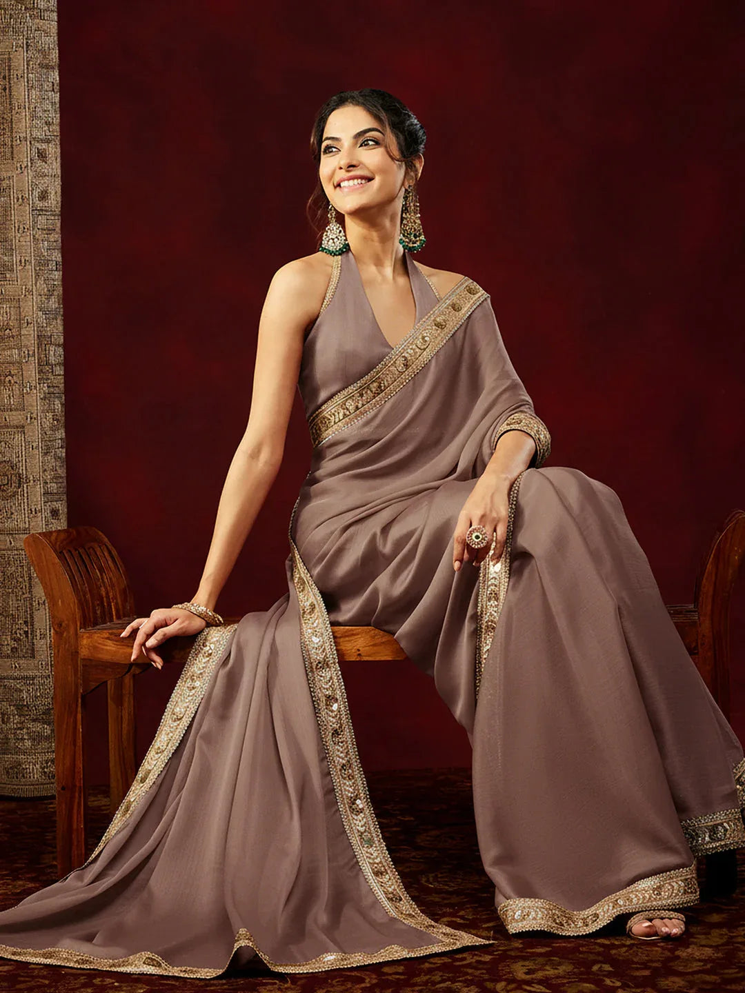 Janasya Women's Light Brown Silk Blend One-Minute Ready-to-Wear Embellished Saree with Unstitched Blouse