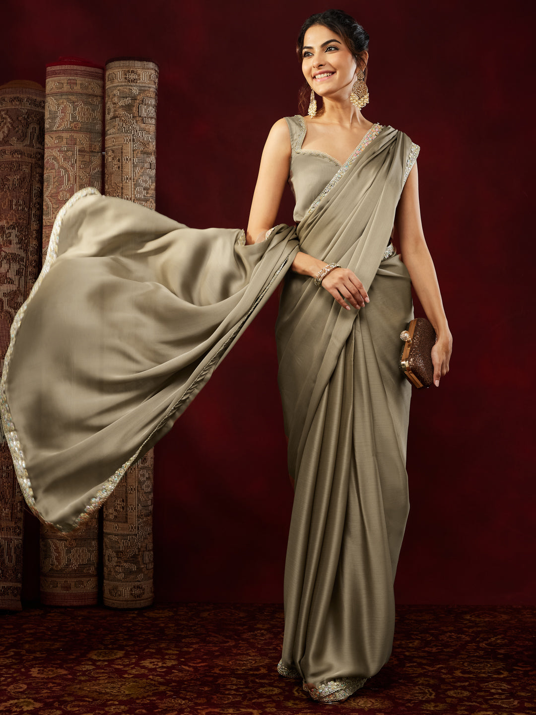 Janasya Women's Peach Tissue Silk One-Minute Ready-to-Wear Embellished Saree with Unstitched Blouse