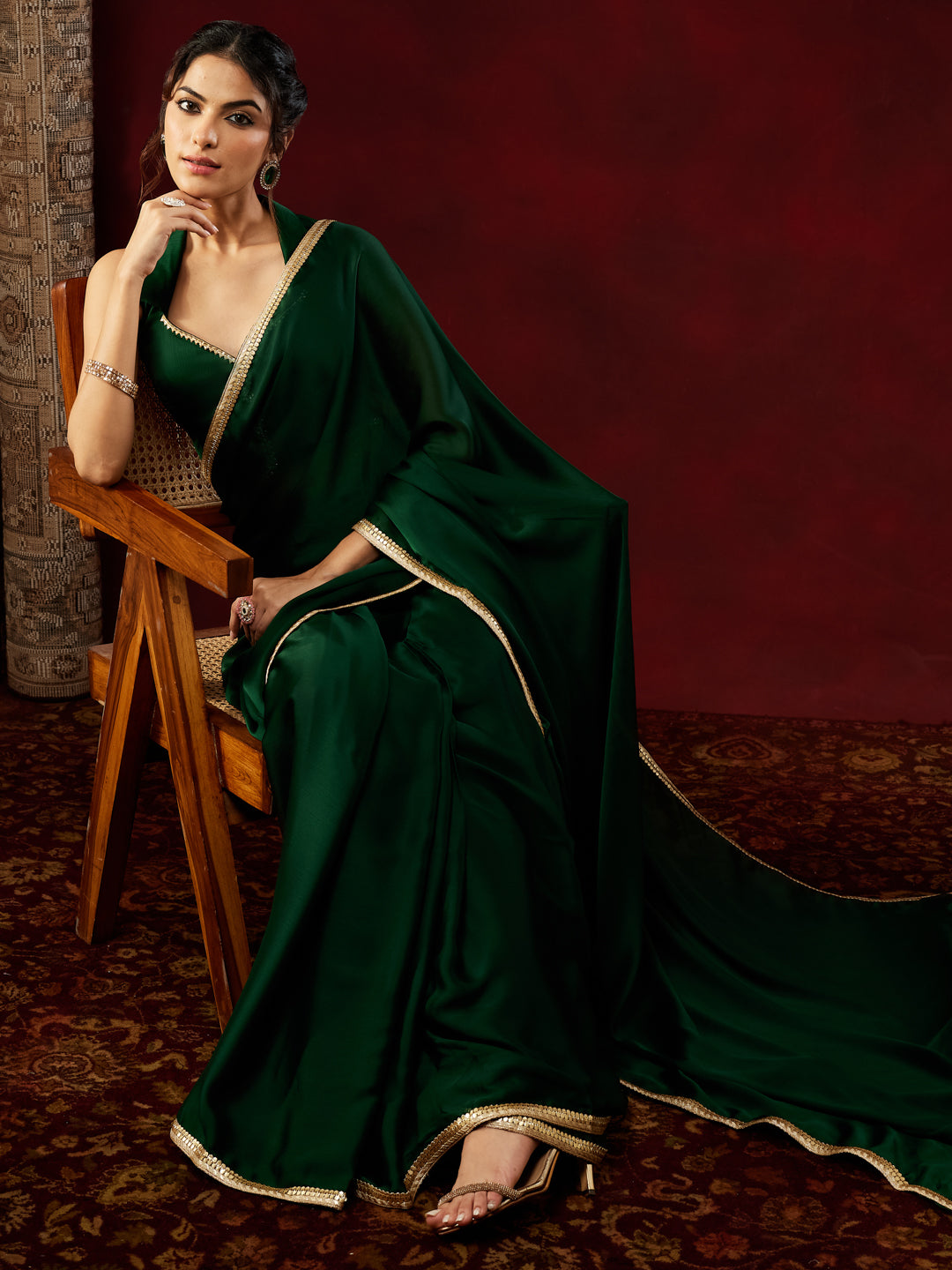 Janasya Women's Dark Green Silk Blend One-Minute Ready-to-Wear Embellished Saree with Unstitched Blouse