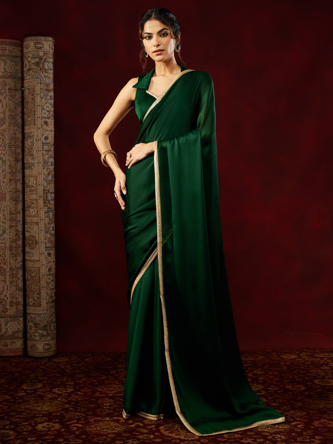 Janasya Women's Dark Green Silk Blend One-Minute Ready-to-Wear Embellished Saree with Unstitched Blouse