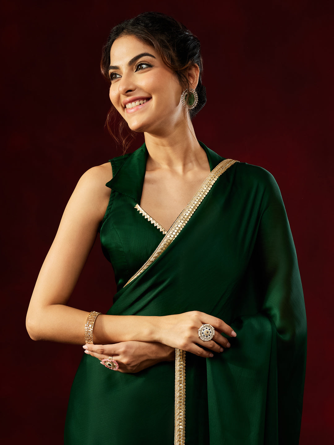 Janasya Women's Dark Green Silk Blend One-Minute Ready-to-Wear Embellished Saree with Unstitched Blouse