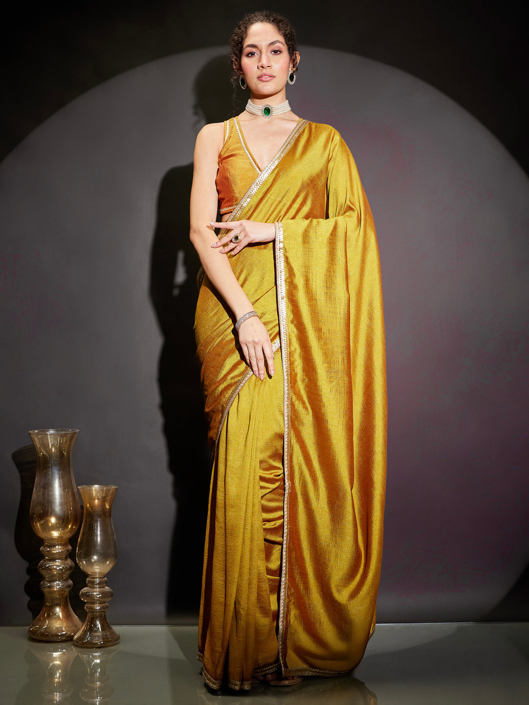 Janasya Women's Mustard Silk Blend One-Minute Ready-to-Wear Embellished Saree with Unstitched Blouse