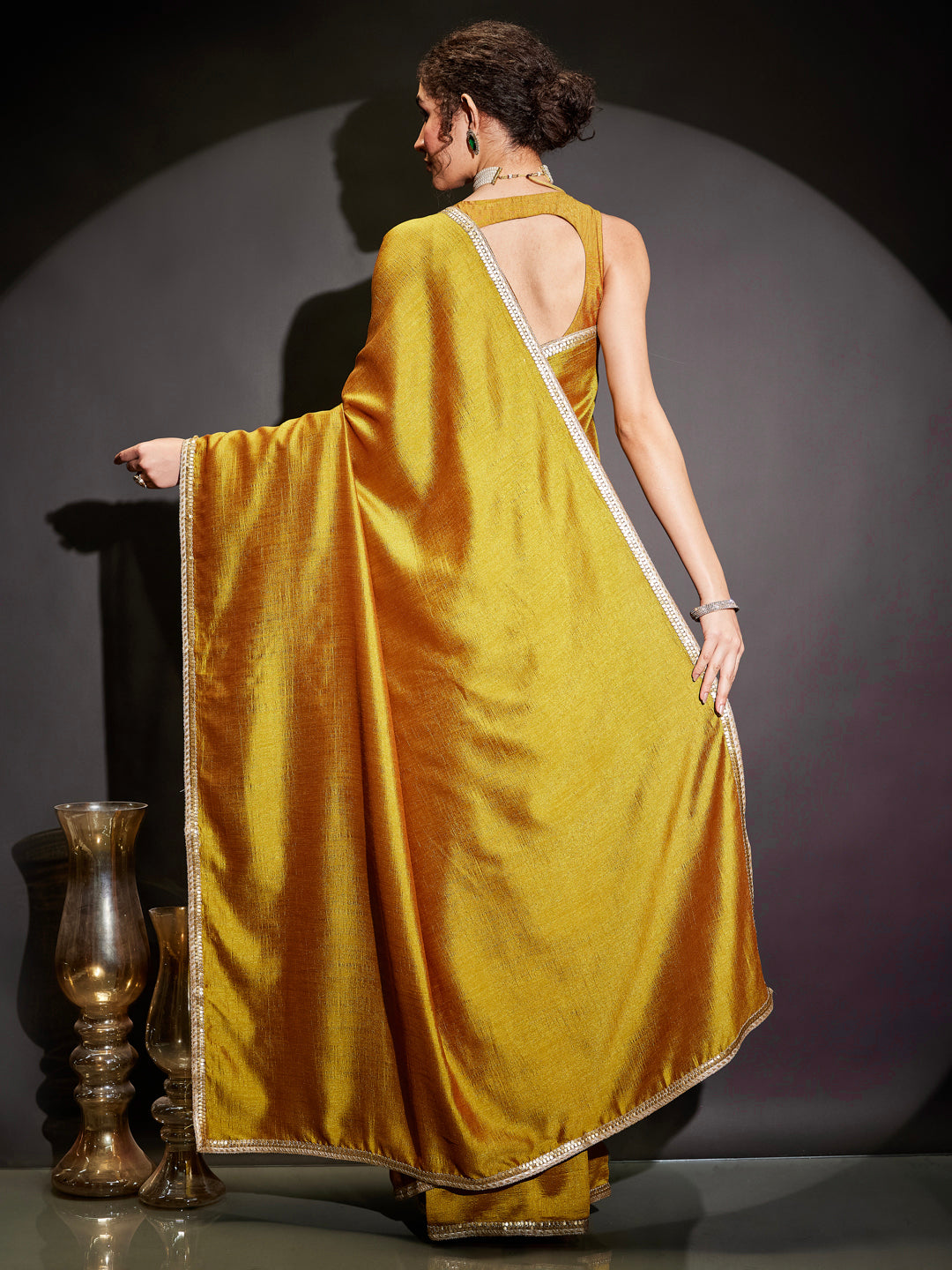 Janasya Women's Mustard Silk Blend One-Minute Ready-to-Wear Embellished Saree with Unstitched Blouse