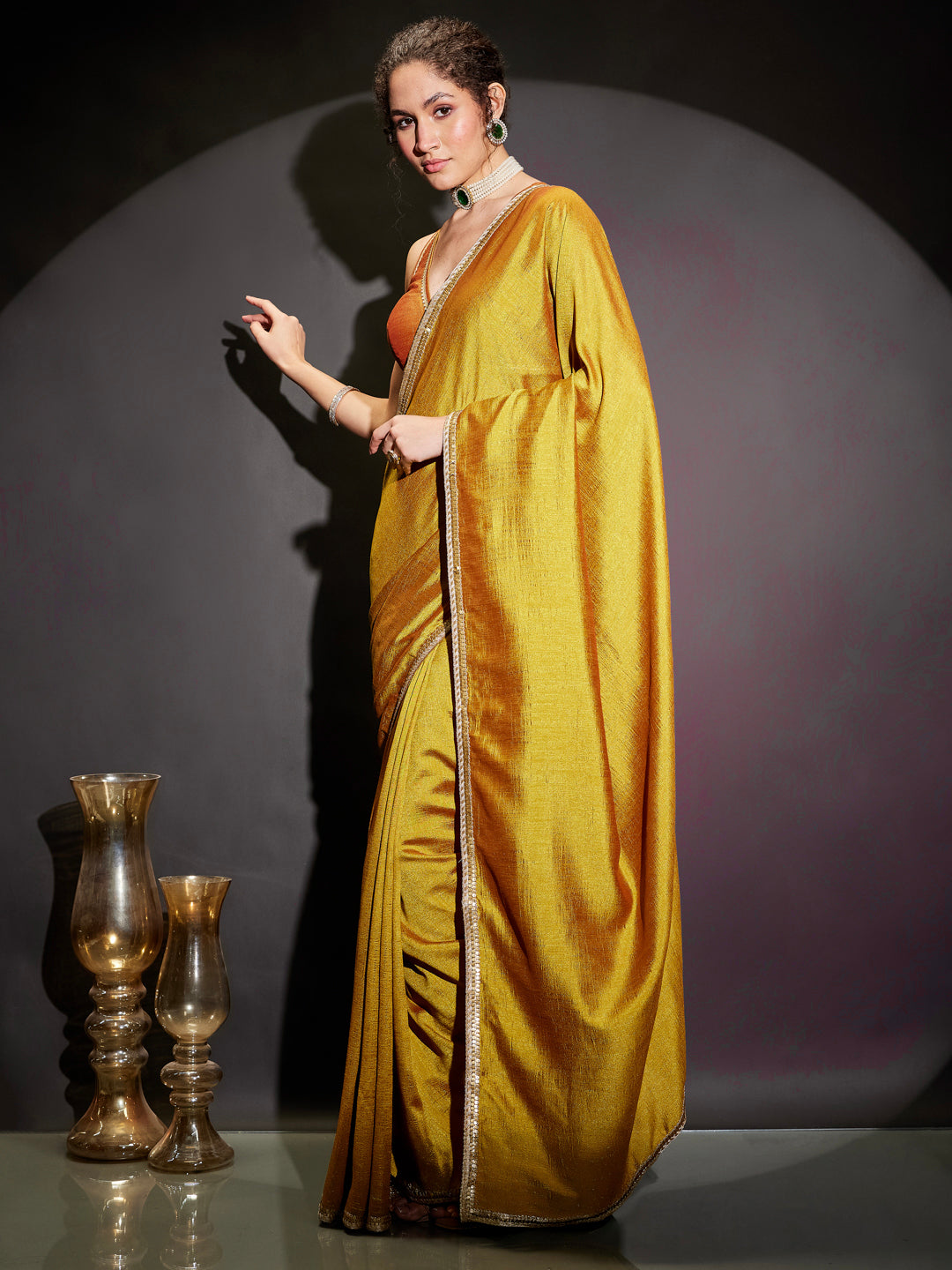 Janasya Women's Mustard Silk Blend One-Minute Ready-to-Wear Embellished Saree with Unstitched Blouse