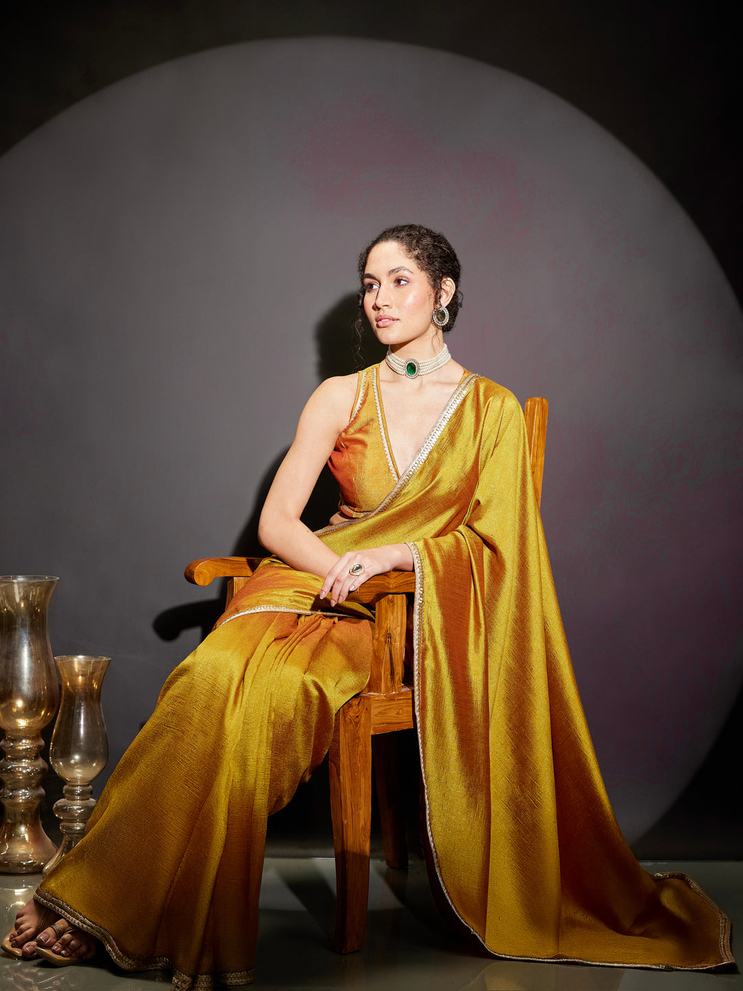 Janasya Women's Mustard Silk Blend One-Minute Ready-to-Wear Embellished Saree with Unstitched Blouse