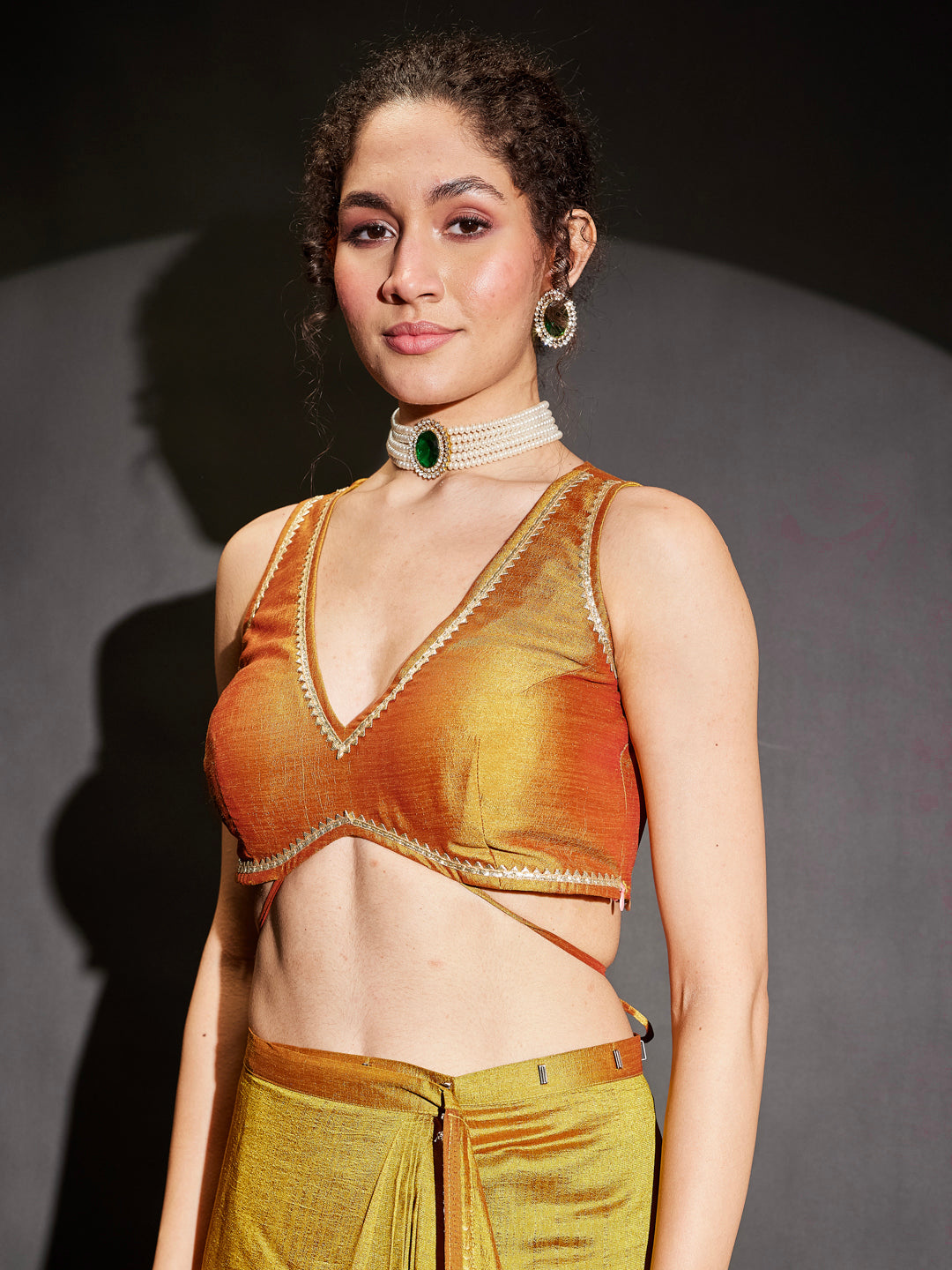 Janasya Women's Mustard Silk Blend One-Minute Ready-to-Wear Embellished Saree with Unstitched Blouse