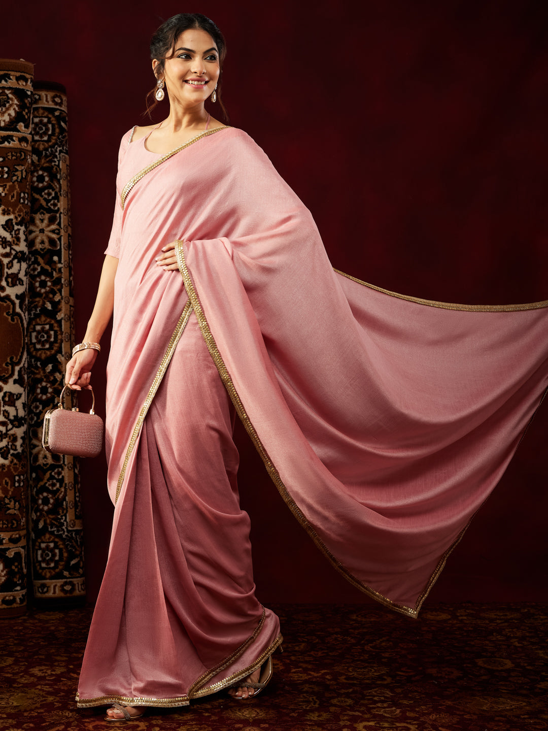 Janasya Women's Pink Silk Blend One-Minute Ready-to-Wear Embellished Saree with Unstitched Blouse