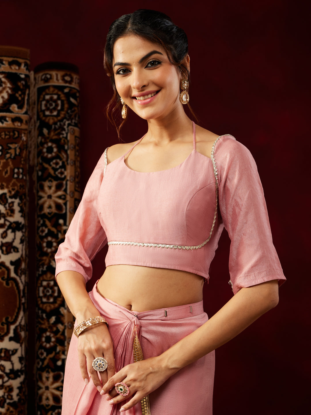 Janasya Women's Pink Silk Blend One-Minute Ready-to-Wear Embellished Saree with Unstitched Blouse
