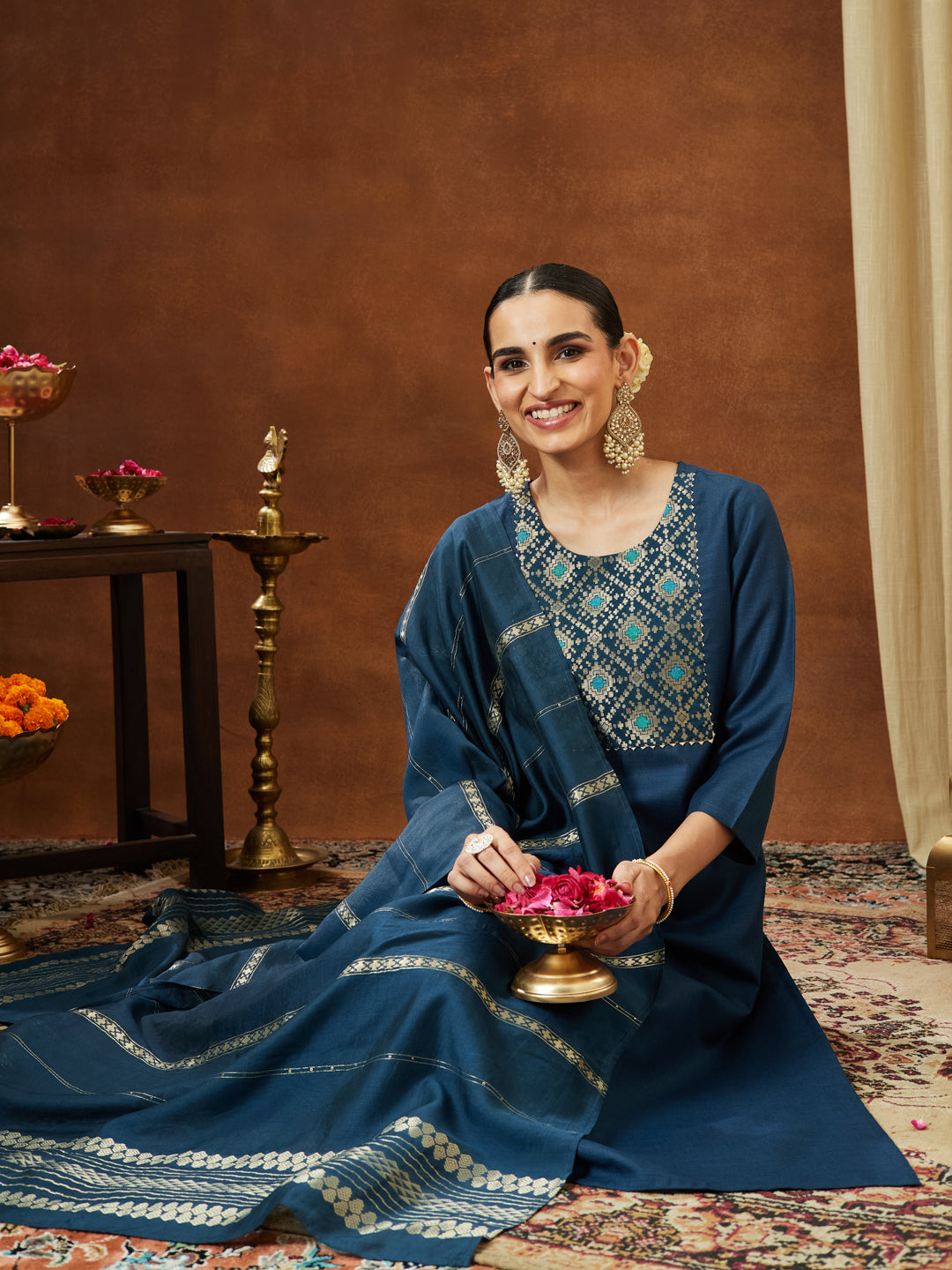 Janasya Women's Teal Blue Cotton Blend Yoke Design Straight Kurta Set - qivii