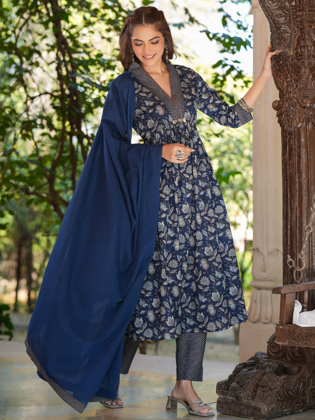 Navy Blue Pure Cotton Floral Printed A-line Kurta Pant With Dupatta Set - qivii
