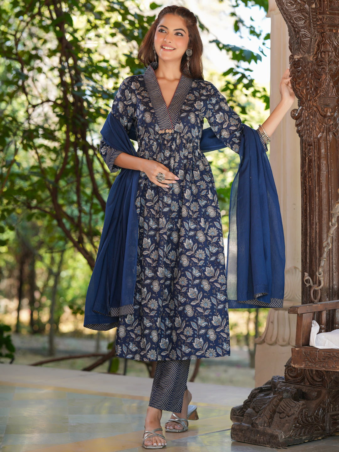 Navy Blue Pure Cotton Floral Printed A-line Kurta Pant With Dupatta Set - qivii