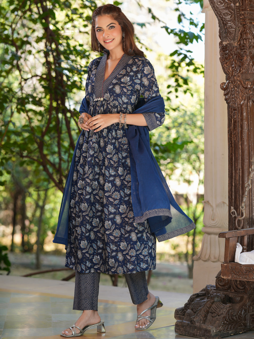 Navy Blue Pure Cotton Floral Printed A-line Kurta Pant With Dupatta Set - qivii
