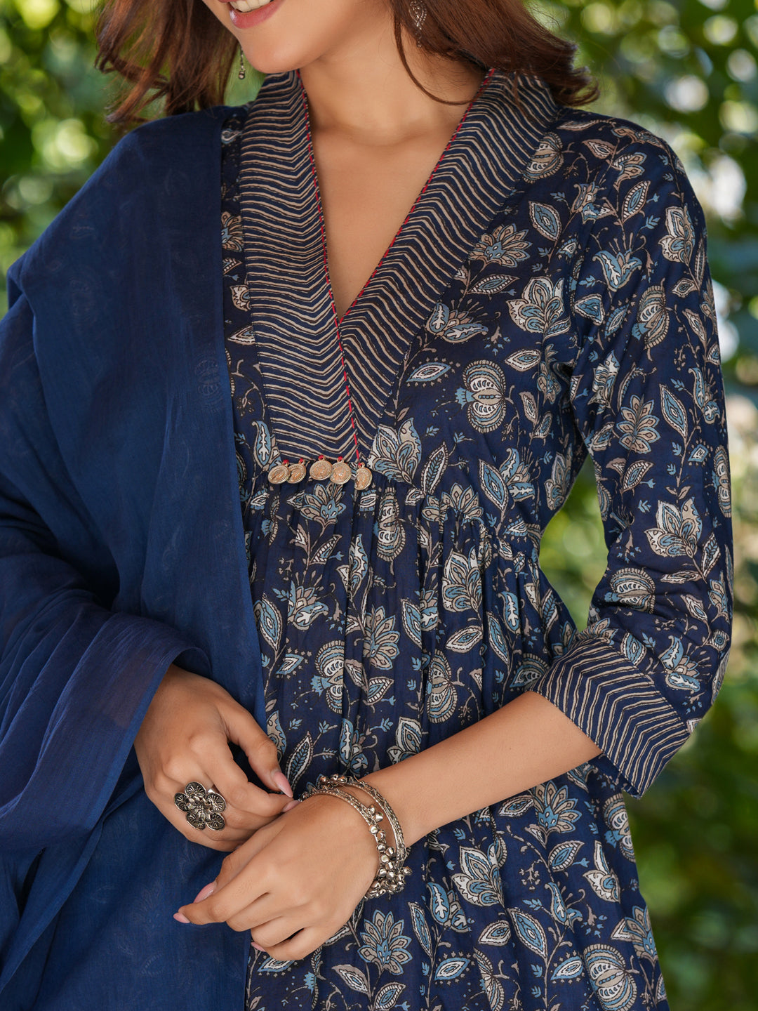 Navy Blue Pure Cotton Floral Printed A-line Kurta Pant With Dupatta Set - qivii