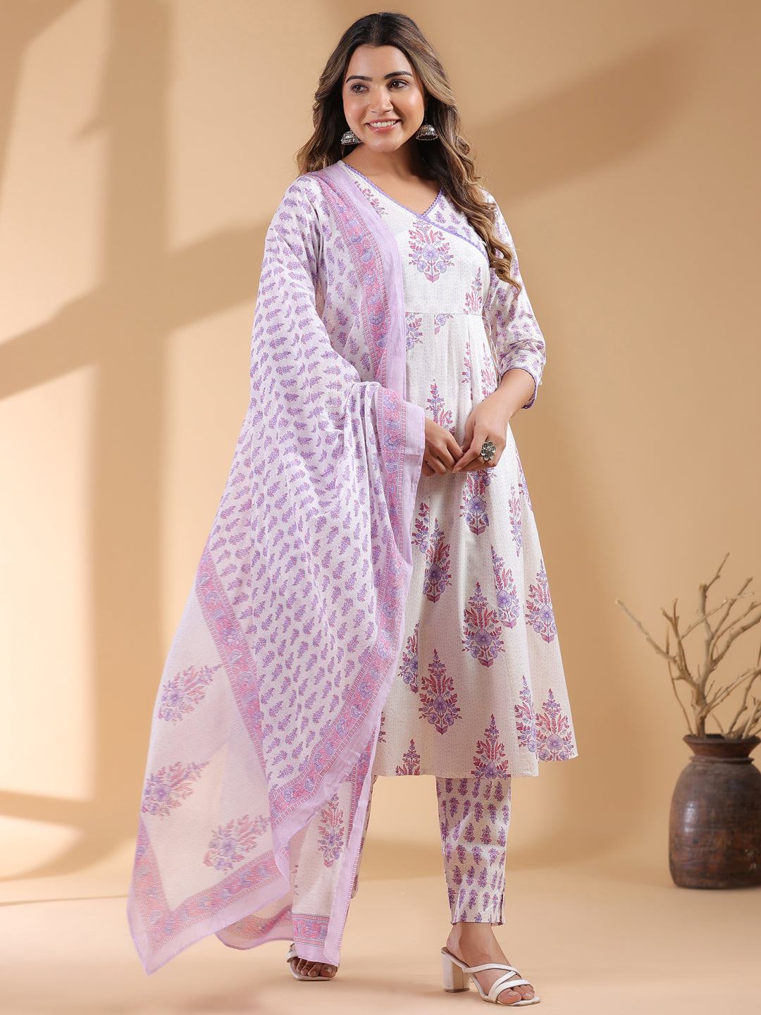 White Pure Cotton Floral Printed Angrakha Kurta Set - qivii