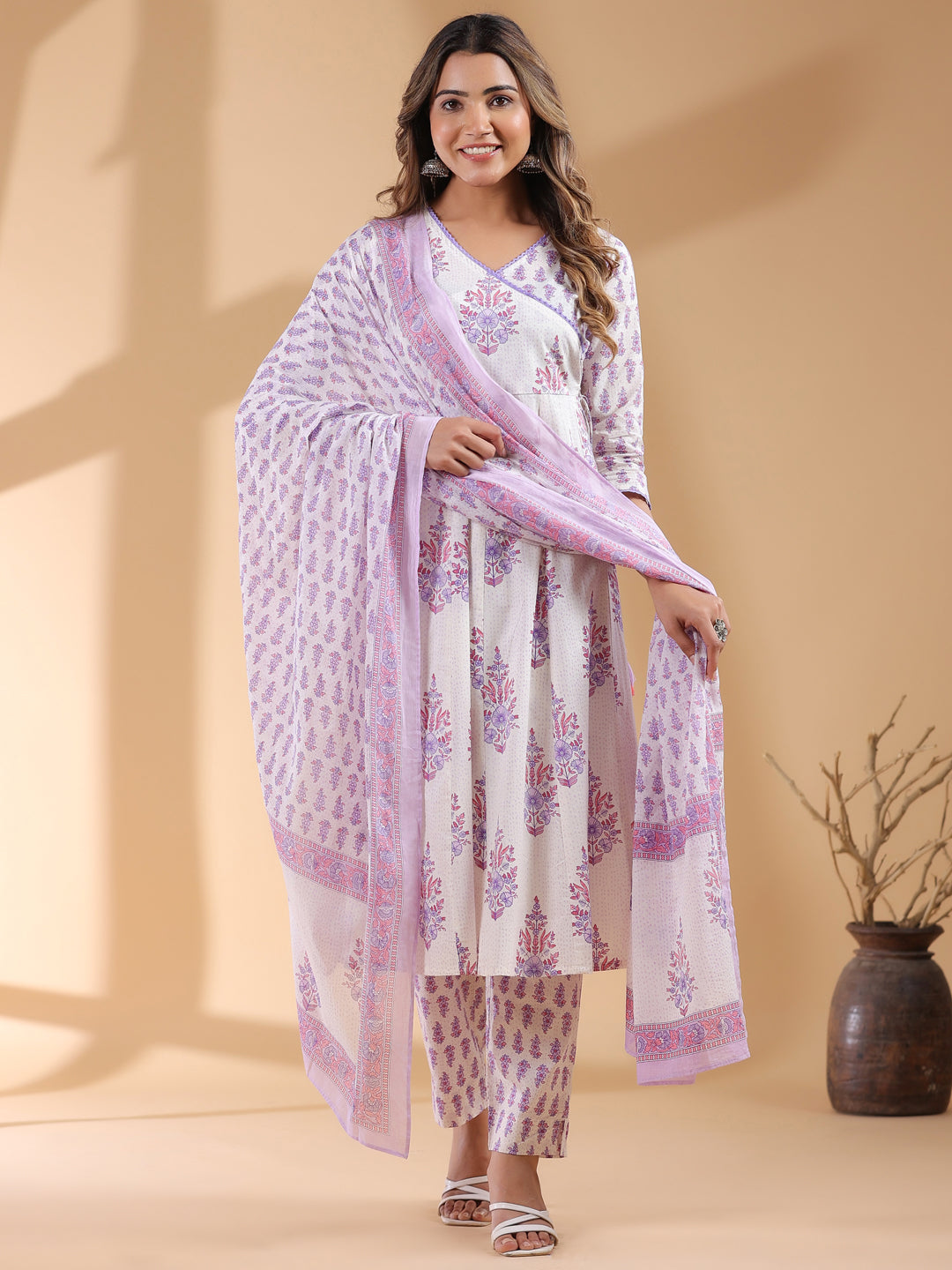 White Pure Cotton Floral Printed Angrakha Kurta Set - qivii