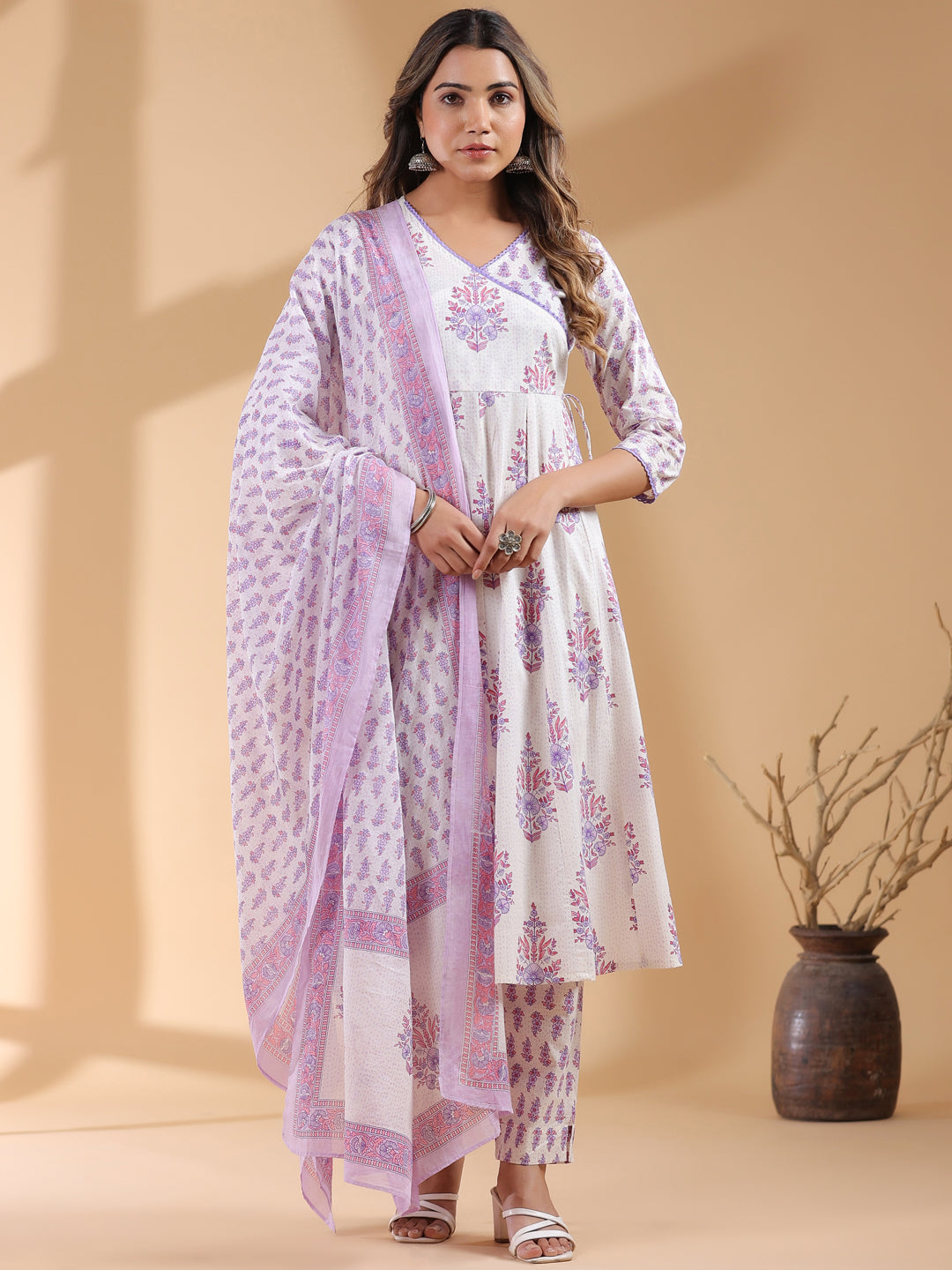 White Pure Cotton Floral Printed Angrakha Kurta Set - qivii