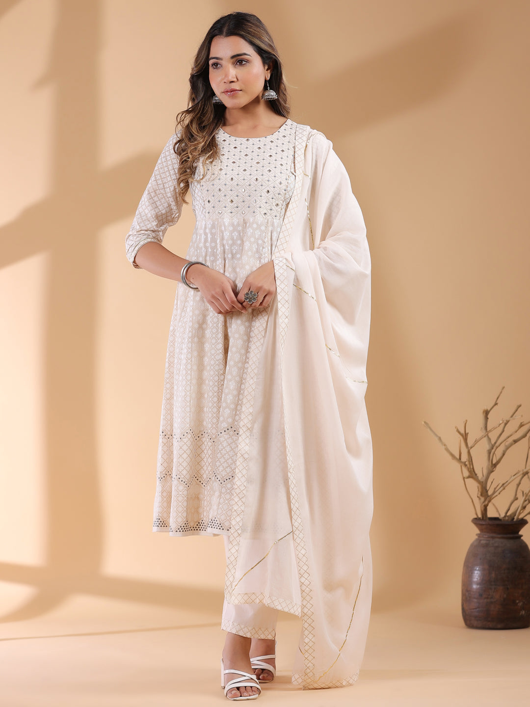 Beige Pure Cotton Ethnic Motifs Printed Anarkali Kurta Set - qivii