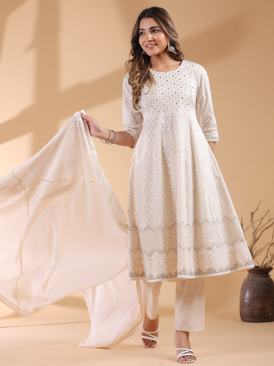 Beige Pure Cotton Ethnic Motifs Printed Anarkali Kurta Set - qivii