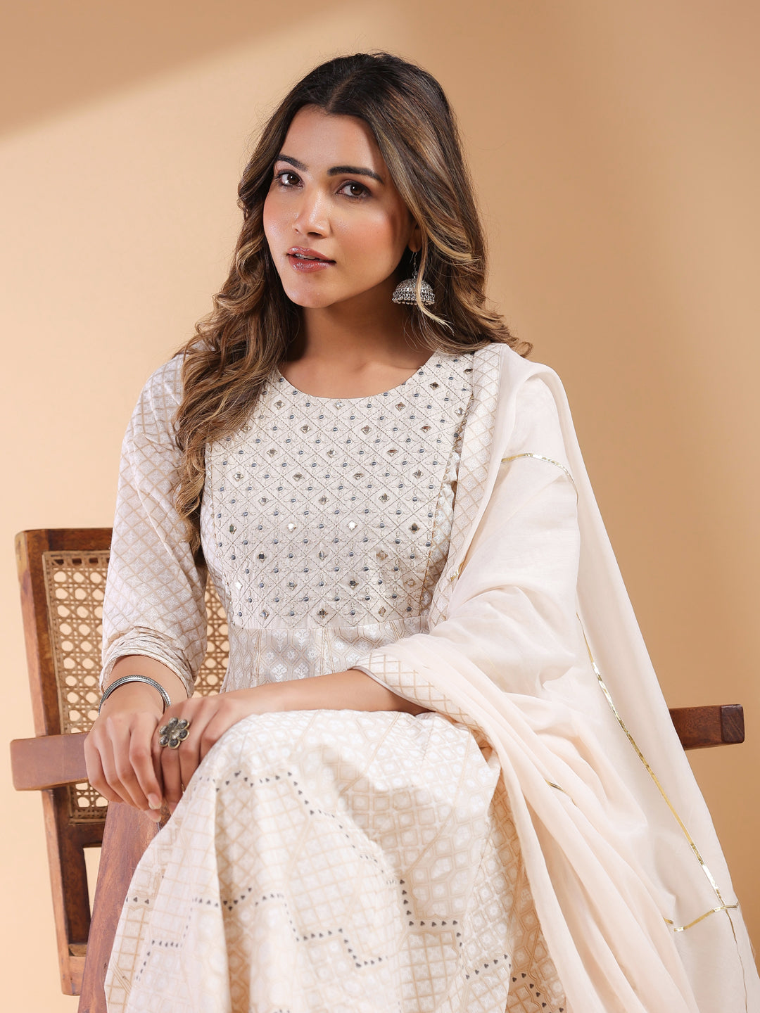 Beige Pure Cotton Ethnic Motifs Printed Anarkali Kurta Set - qivii